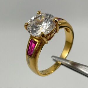 Stunning Red Ruby White Round Cut CZ Gold Plated Ring Bling Statement Sz 9